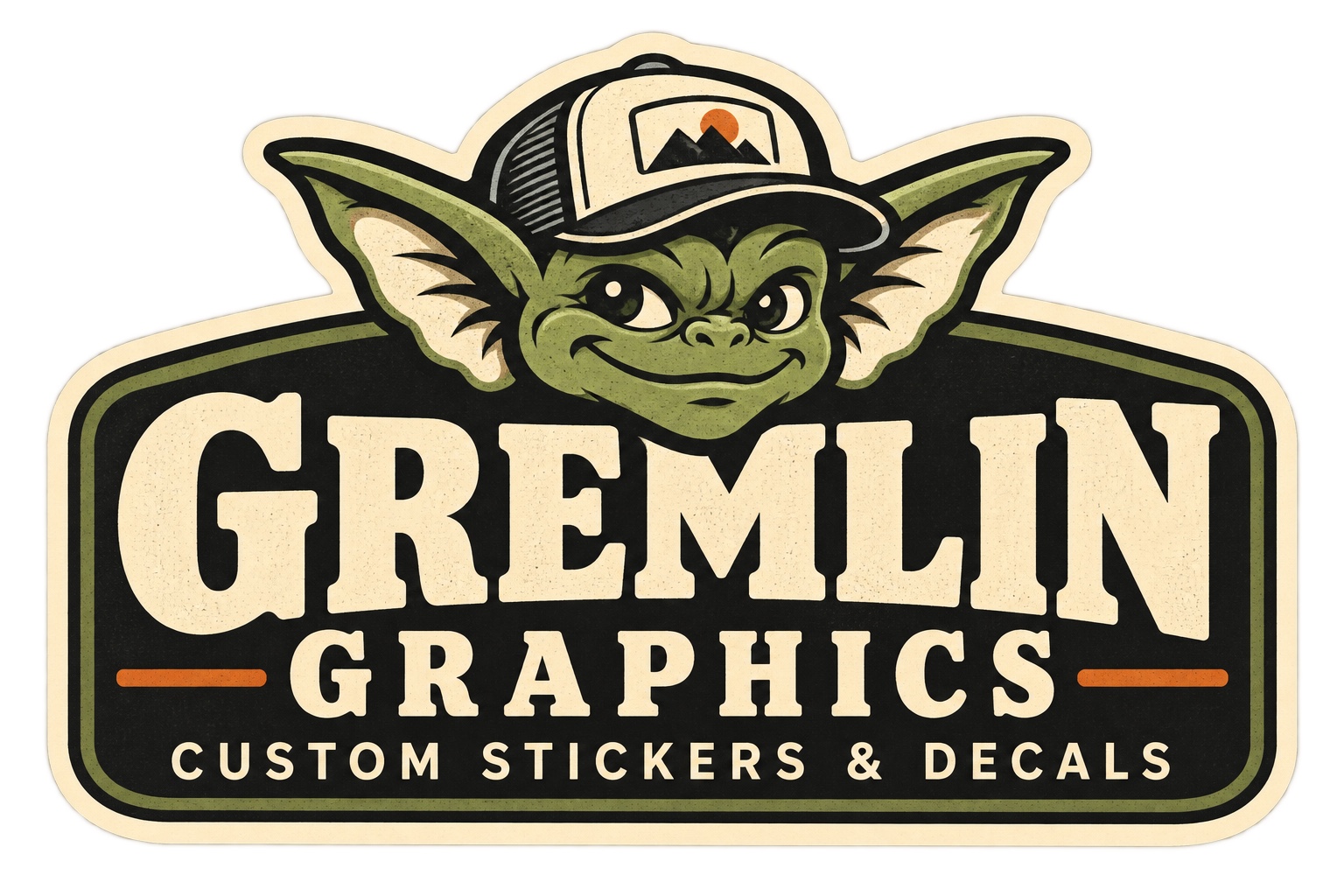 Gremlin Graphics — Custom Stickers & Decals, with a gremlin wearing a camping cap